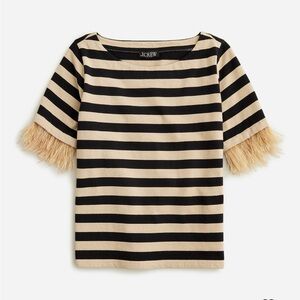 J.Crew Mariner Black & Tan Striped Feather-Trim Boatneck Pullover Top Size Small